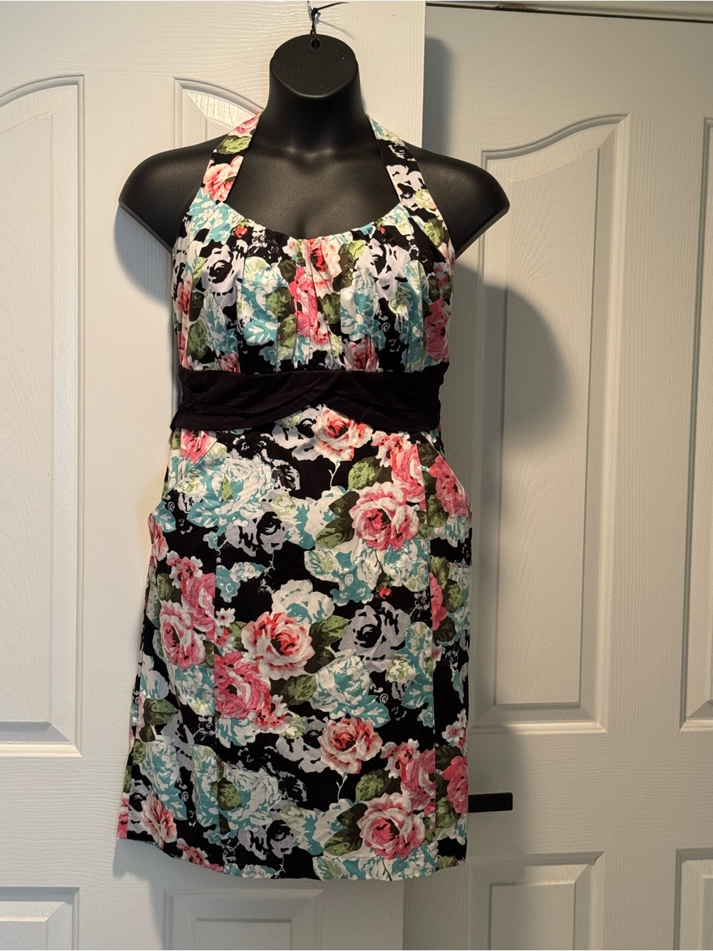 Torrid Black Floral Halter Dress with pockets and Pink & Teal Accents